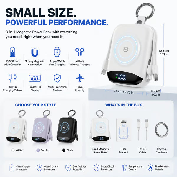 π10,000mAh 3-in-1 Magnetic Power Bank β Built-In Multi Charging Cables