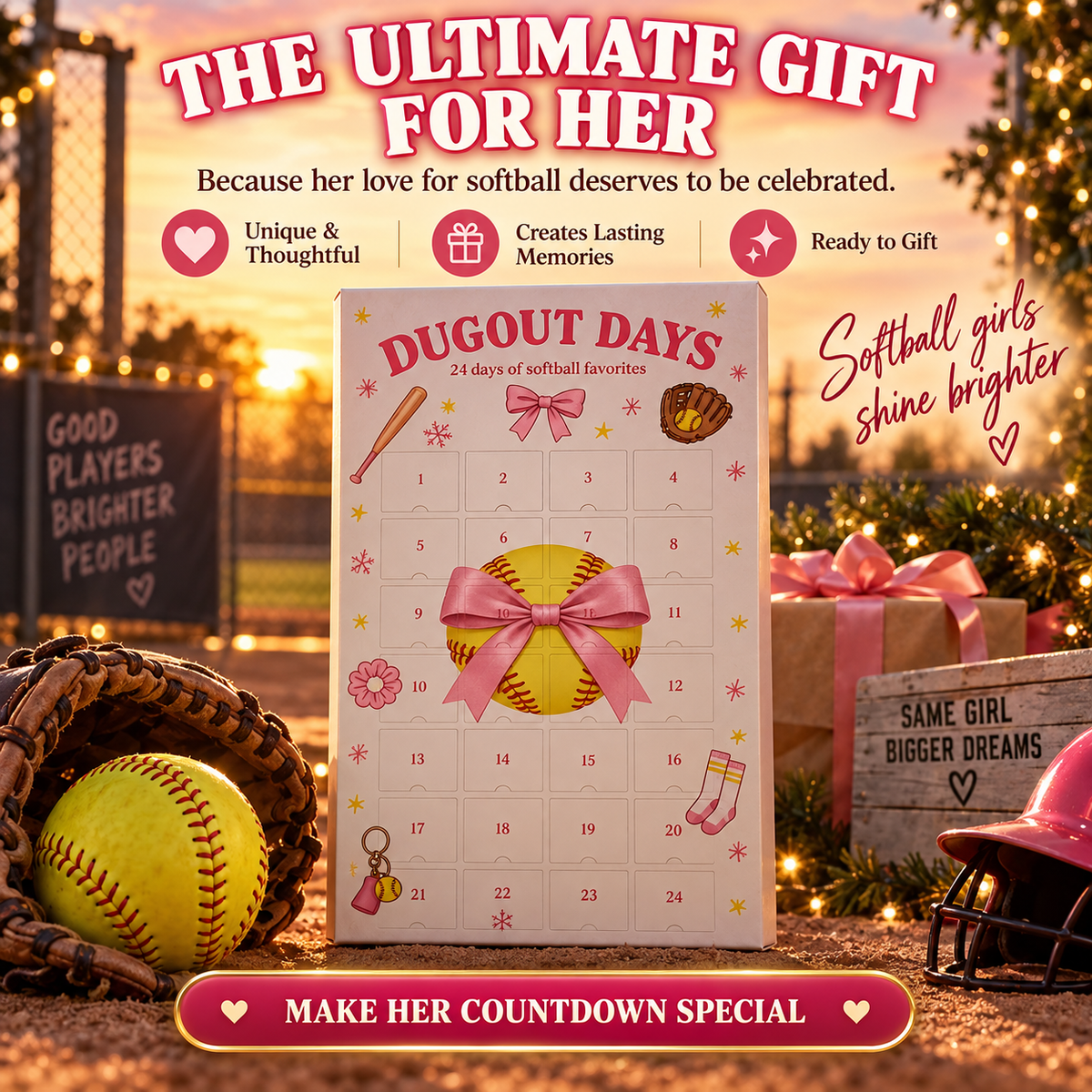 🎀 Dugout Dreams™ 24-Day Softball Advent Calendar – Christmas Surprises for Softball Girls