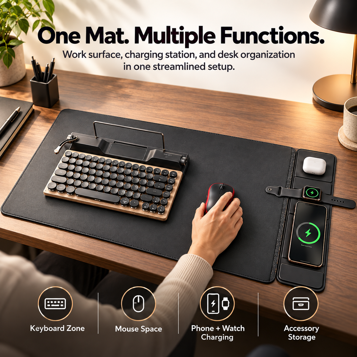All-in-One Smart Desk Mat with Wireless Charging, Large Office Desk Pad with Phone, Watch & Earbud Charging Area, Multifunctional Workspace Organizer for Home Office & Gaming Desk