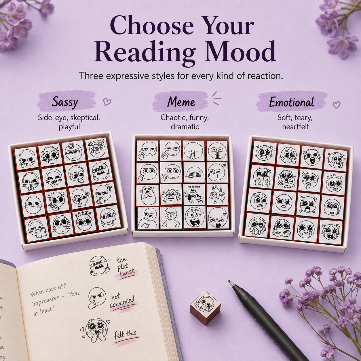 đ BookMood⢠Reaction Stamp Set â Cute Annotation Stamps for Readers & Journaling