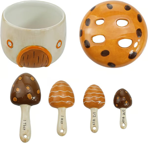 Sizikato 4pcs Porcelain Measuring Spoons with Base, Cartoon Mushroom House Shape