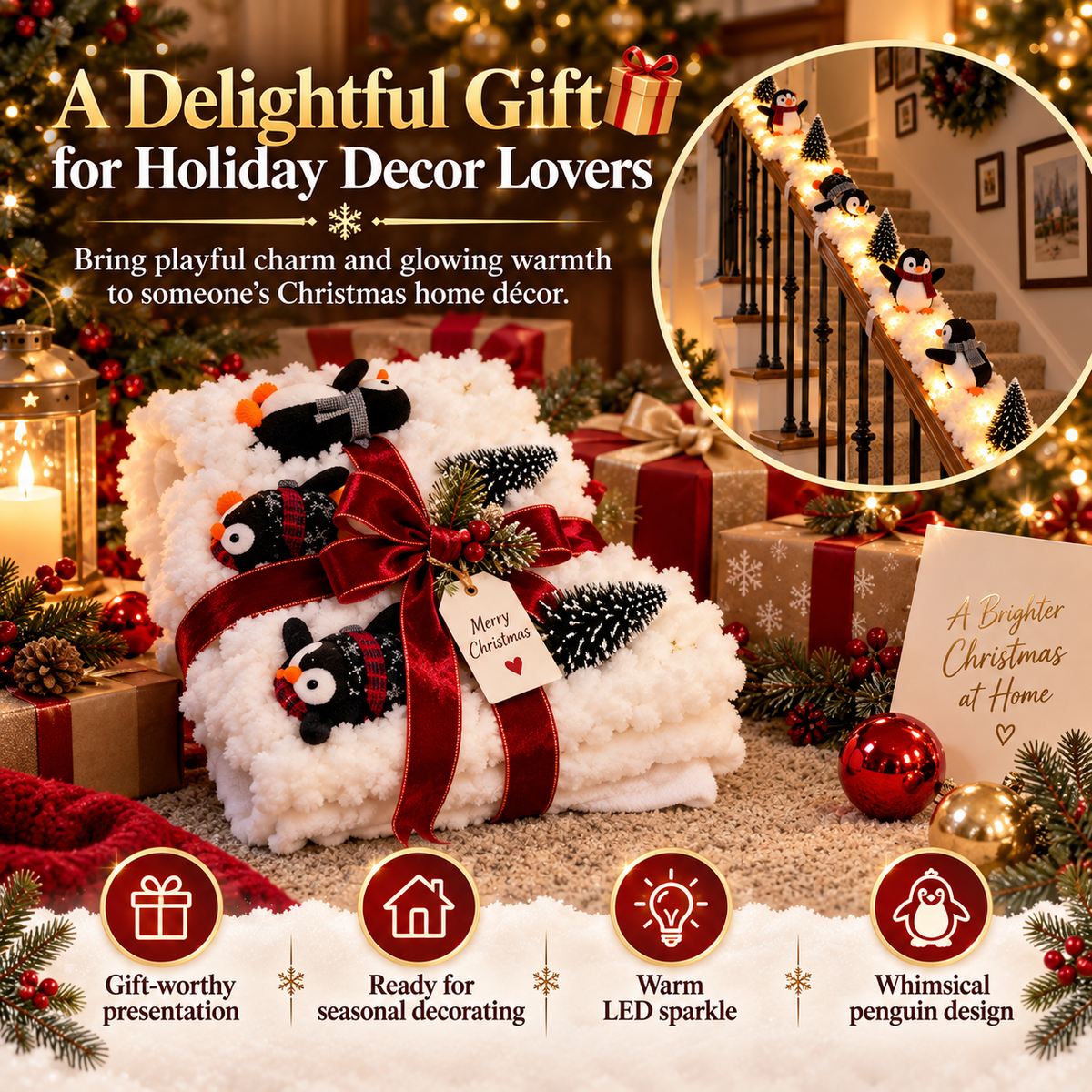 ❄️ SnowGlow™ Penguin Stair Garland – Light-Up Christmas Wonderland Decoration