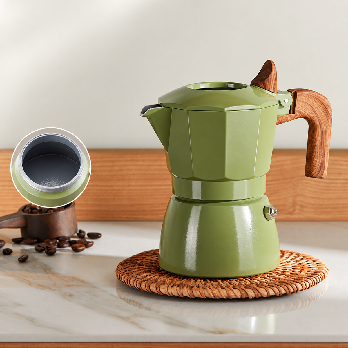☕ 2-Cup Electric Moka Pot – Compact Italian Espresso Maker with Ceramic Non-Stick Interior, High-Pressure Extraction & Wood-Style Handle for Home & Office