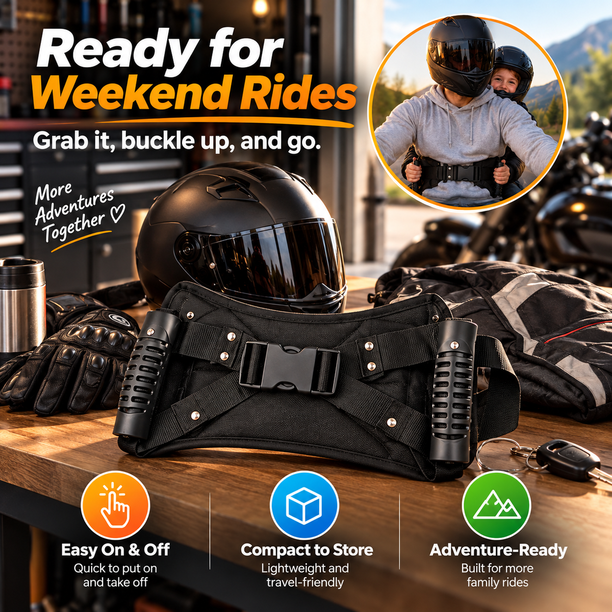 RideBuddy™ Child Passenger Grip Support – Adjustable Padded Motorcycle Rider Belt with Side Handles