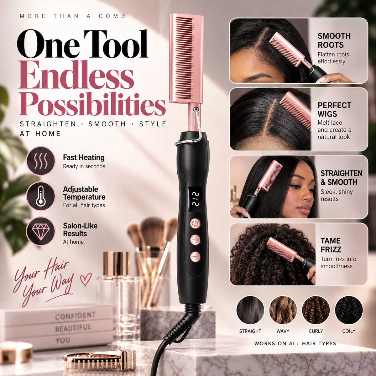 Professional Heated Styling Comb β Adjustable Heat for Roots, Wigs & Edges