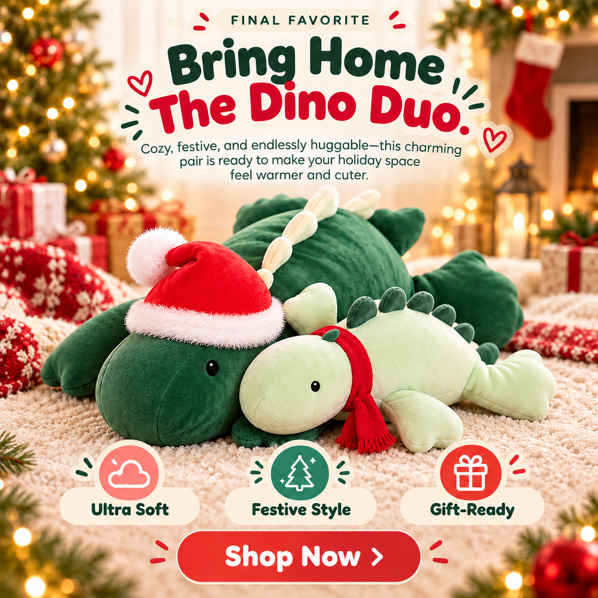 🦖 DinoSnuggle™ Christmas Dinosaur Plush Duo – Soft & Cuddly Holiday Gift Set
