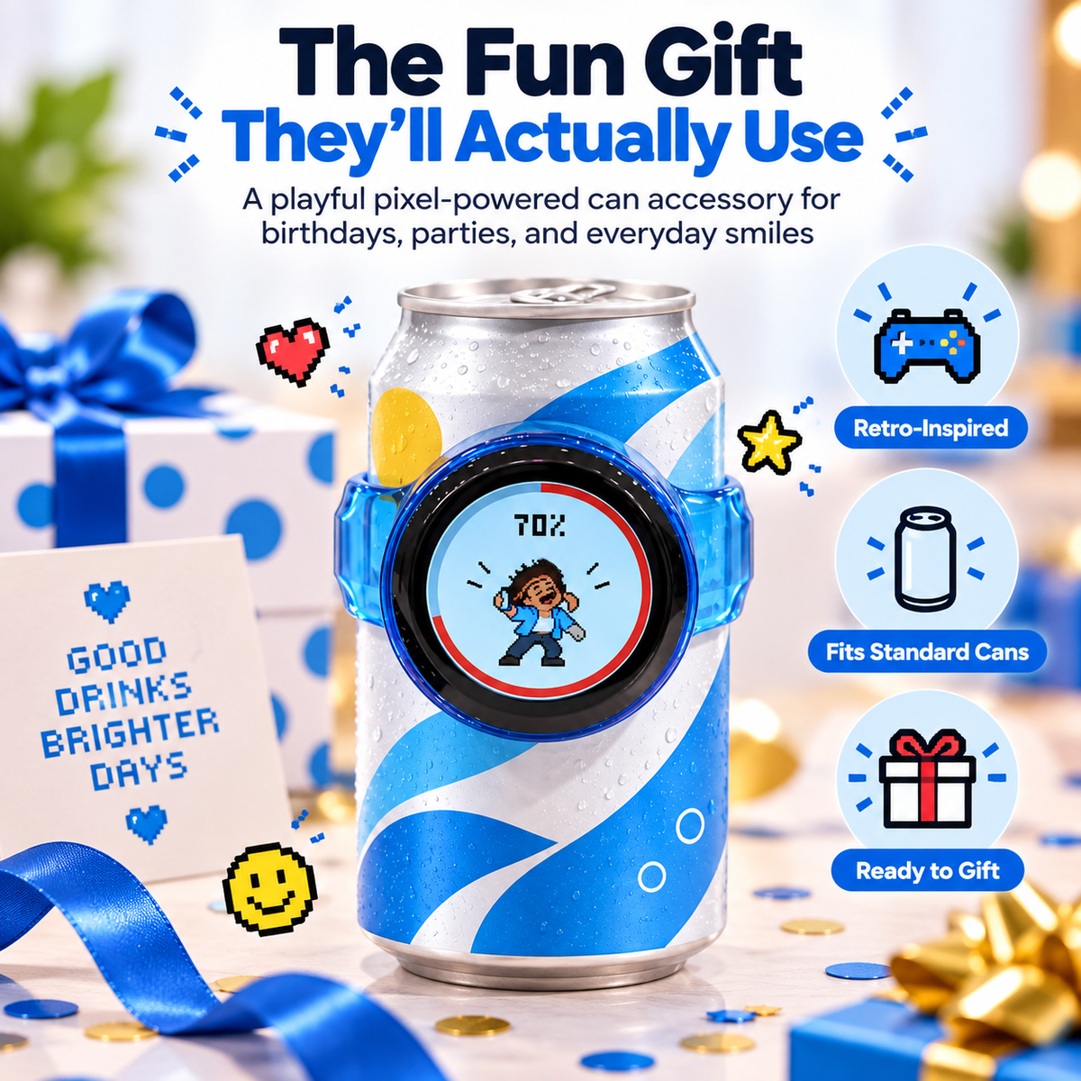 PixelBuddy™ Smart Can Companion with Interactive Pixel Display, Retro Gaming Drink Holder Sleeve for Standard Cans, Fun Desk Gadget Gift