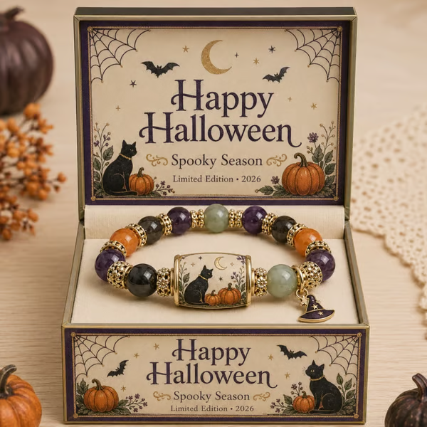 2026 Limited Edition Halloween Black Cat & Pumpkin Beaded Bracelet for Women - Natural Stone Crystal Charm Bracelet with Gift Box & Spooky Card, Cute Witchy Halloween Jewelry Gift