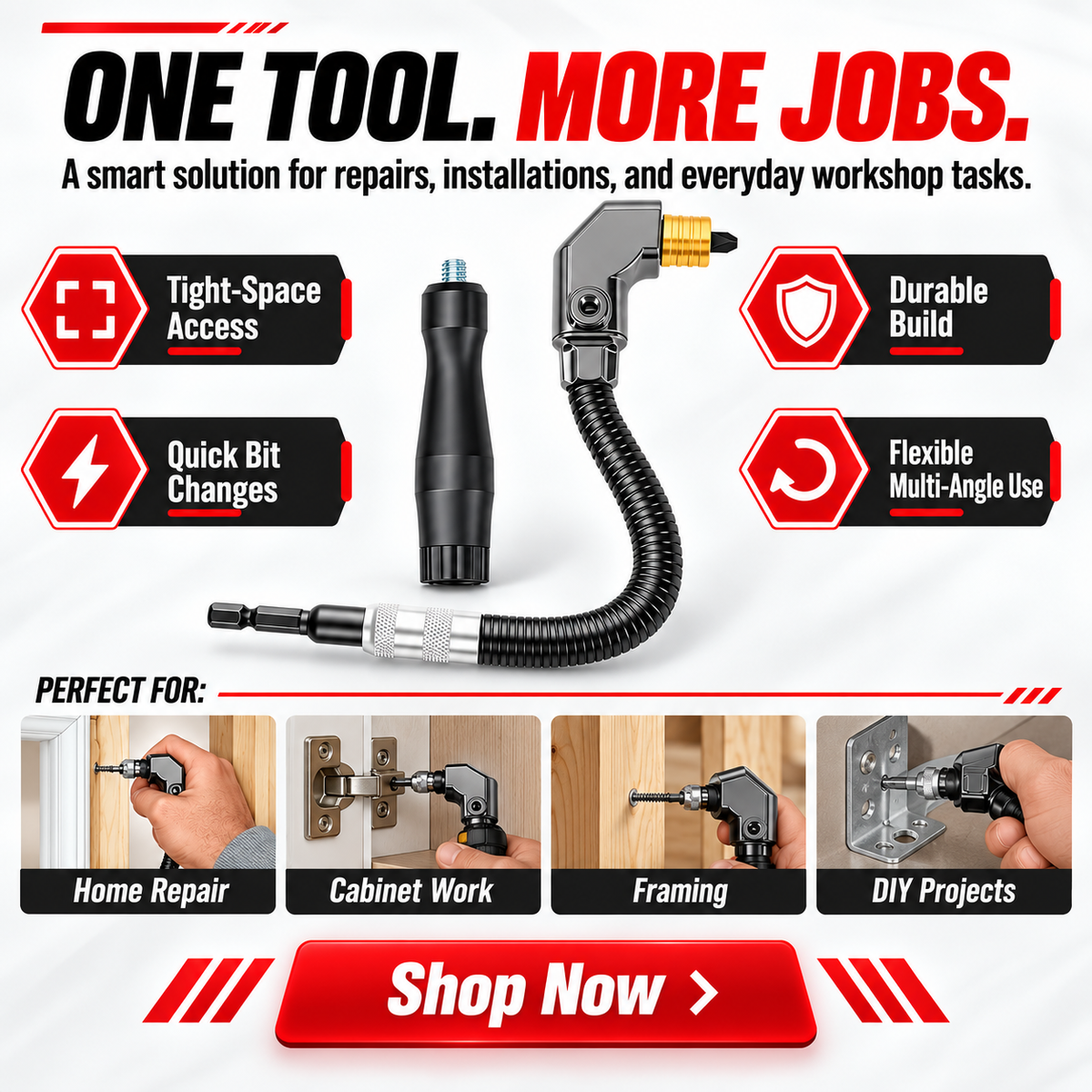 90-Degree Right Angle Drill Attachment, Swivel Corner Drill Adapter Tool for Confined Spaces, Heavy-Duty Electric Drill Extension for Furniture, Closets, and Woodworking