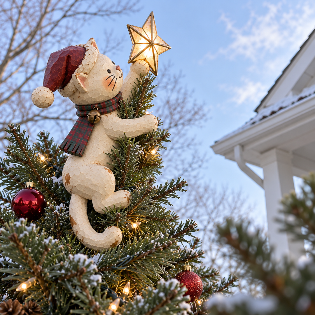 Vintage Lighted Cat Christmas Tree Topper