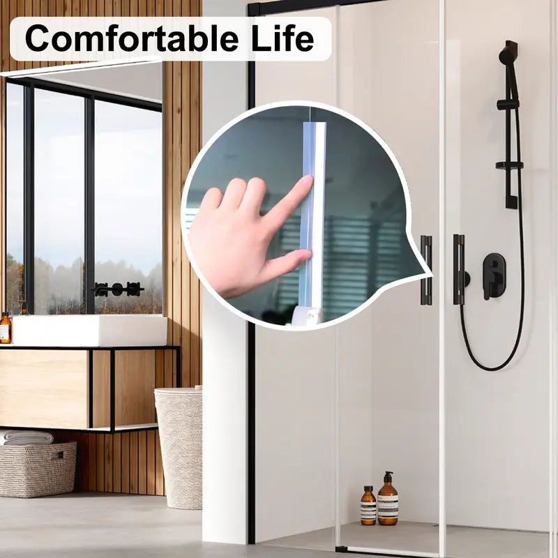 Weather sealing strip shown along a compatible glass shower door edge in a modern bathroom
