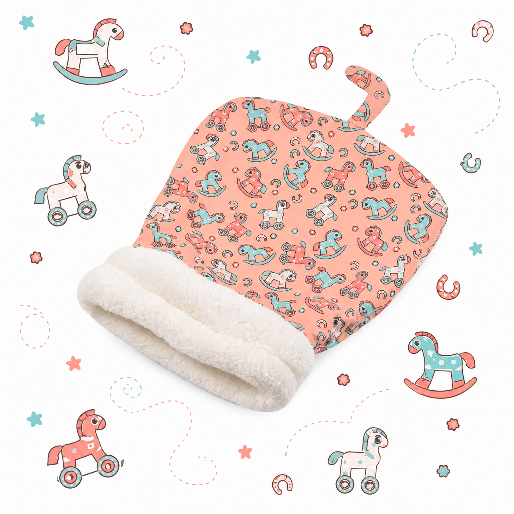 Blush Pink pet sleeping bag with a colorful rocking-horse print
