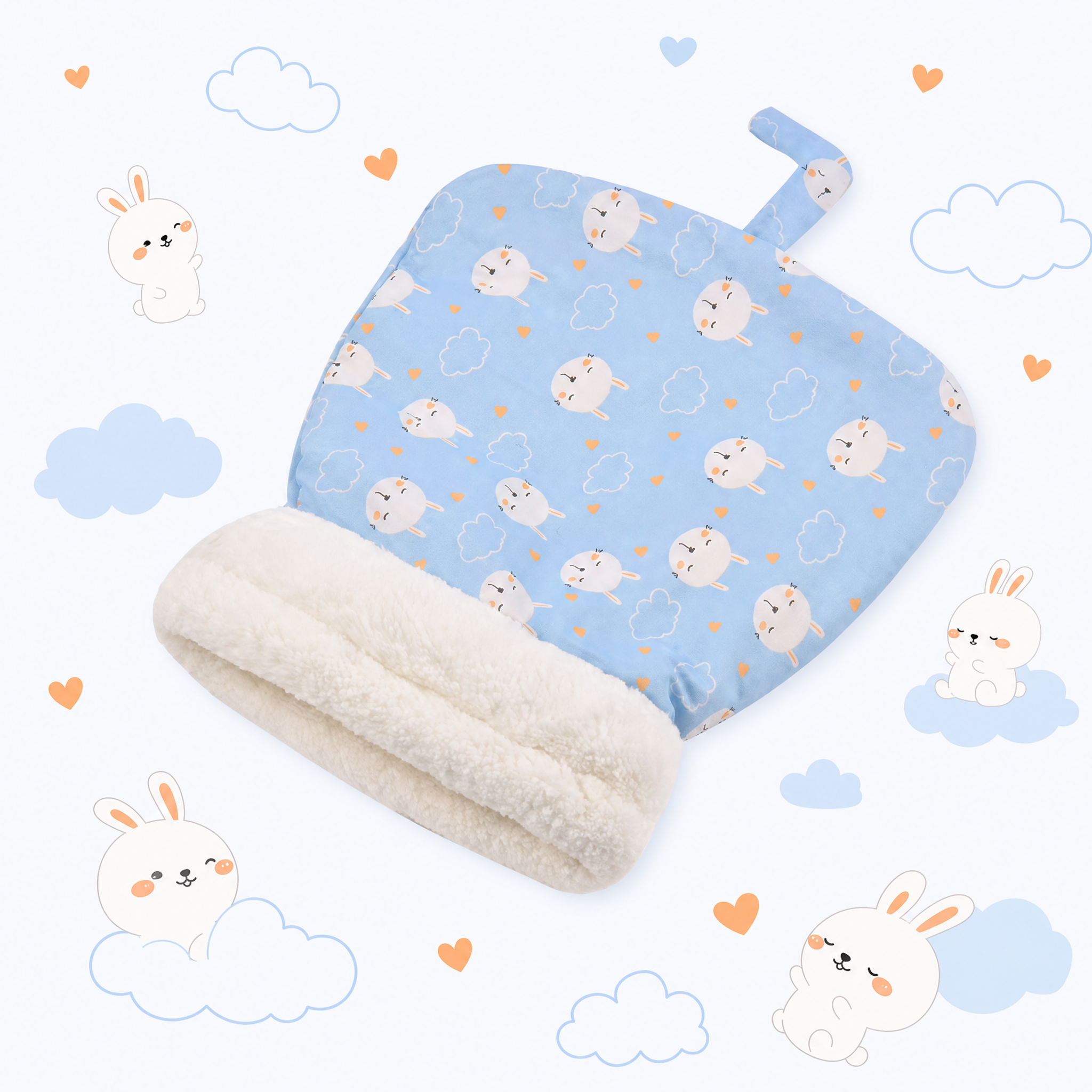 Sky Blue pet sleeping bag with a white bunny print