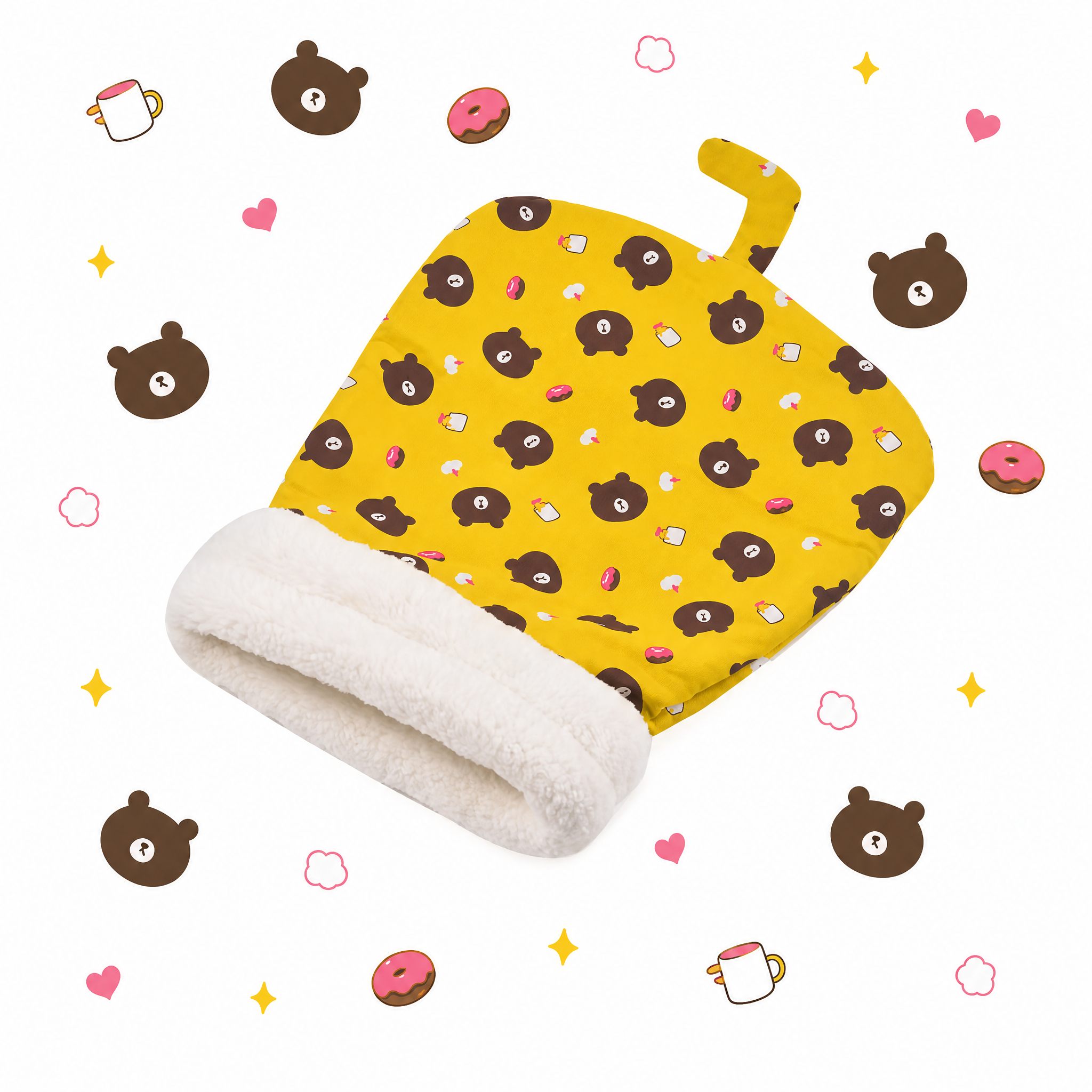 Sunny Yellow pet sleeping bag with a brown bear print