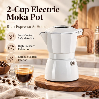 ☕ 2-Cup Electric Moka Pot – Compact Italian Espresso Maker with Ceramic Non-Stick Interior, High-Pressure Extraction & Wood-Style Handle for Home & Office