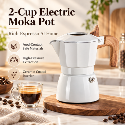 ☕ 2-Cup Electric Moka Pot – Compact Italian Espresso Maker with Ceramic Non-Stick Interior, High-Pressure Extraction & Wood-Style Handle for Home & Office