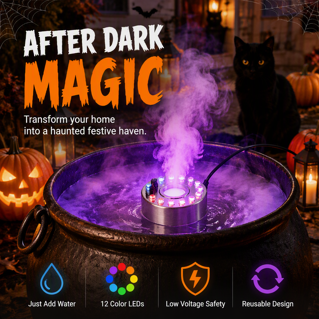 12 LED ultrasonic water mist maker creating purple fog inside a Halloween cauldron