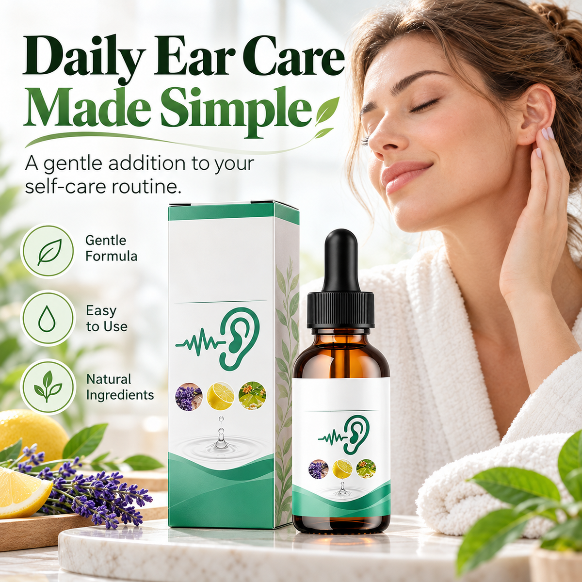 Daily ear care dropper bottle and box displayed with botanical-style decorations
