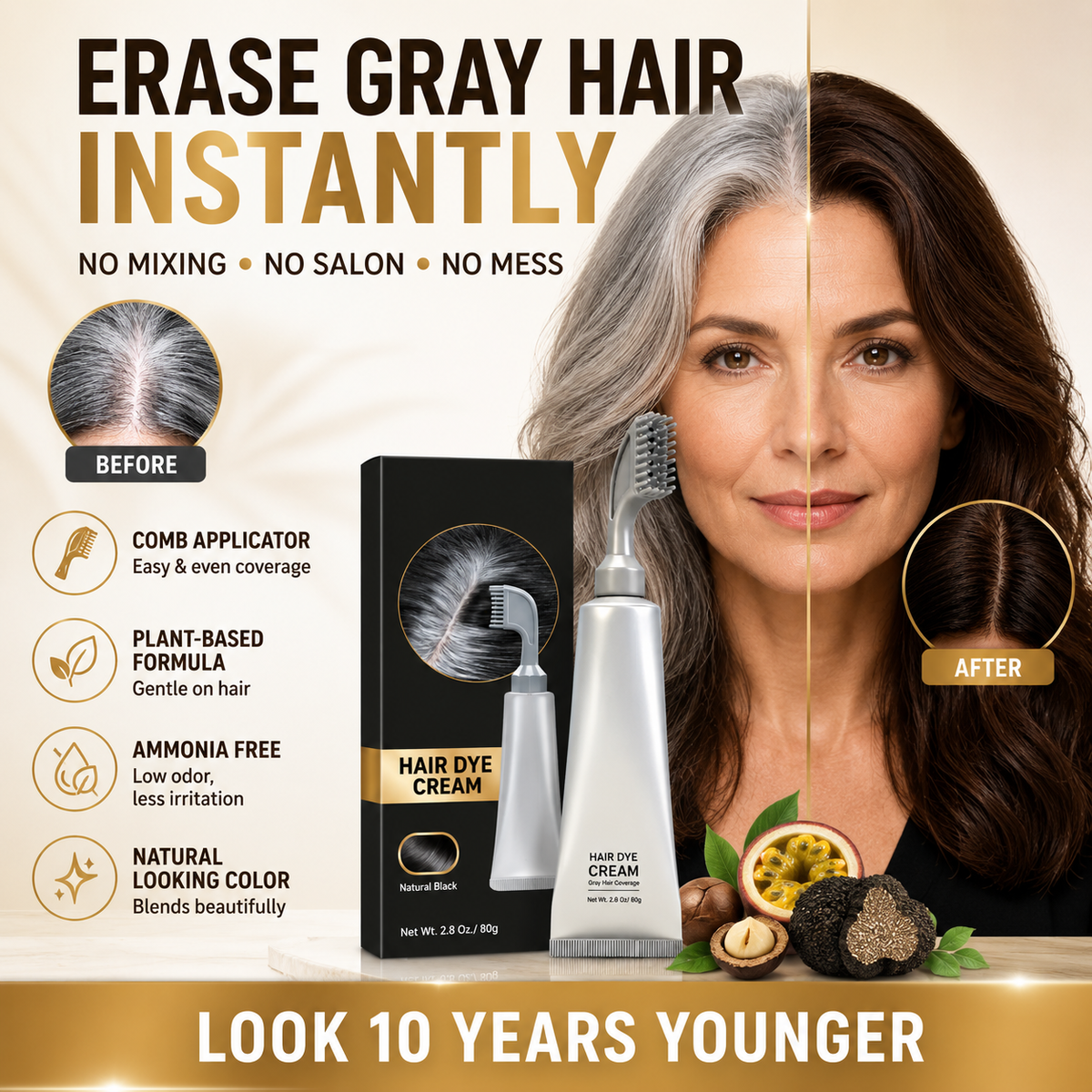 Gray coverage hair dye comb with before and after hair color example