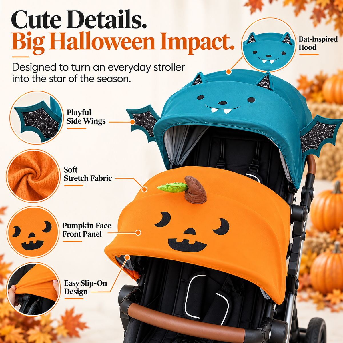 👻 SpookyStroll™ Halloween Stroller Costume – Cute Pumpkin & Bat Canopy Cover for Festive Family Fun