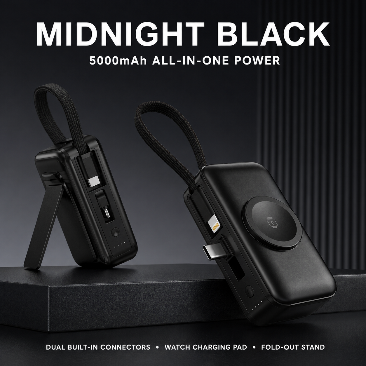 Black mini power bank with fold-out support