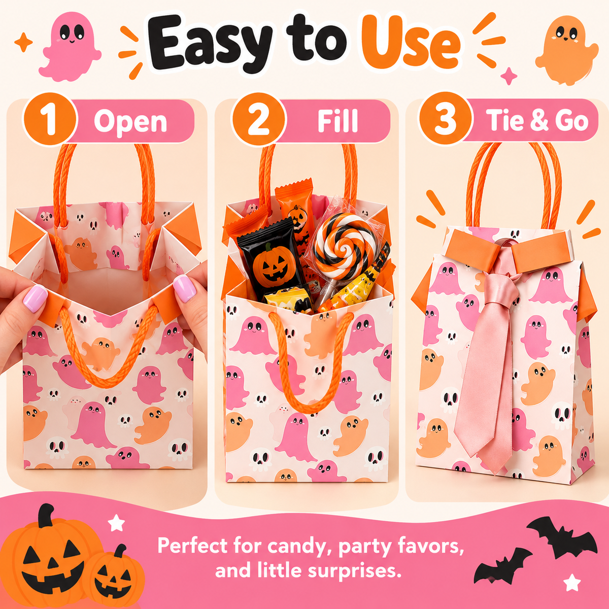 BooBows three-step open fill and tie Halloween treat bag process
