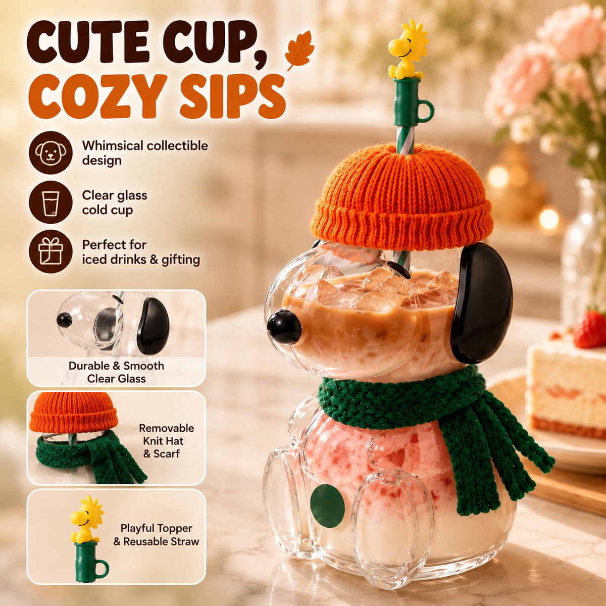 Fall Favorite Cute Character Glass Tumbler with Straw, 3D Cold Cup for Iced Coffee, Matcha & Autumn Drinks, Cozy Gift Idea