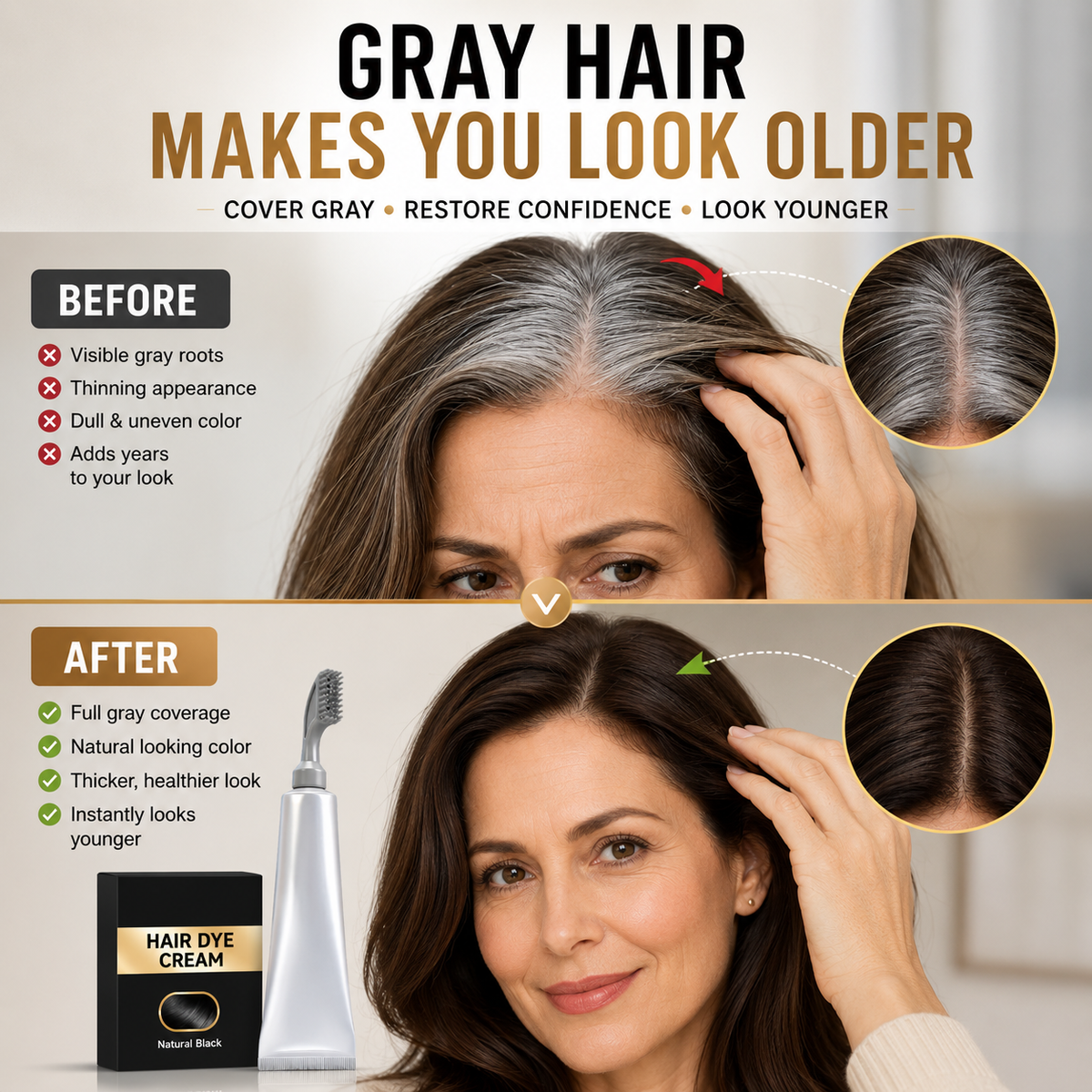 Before and after example of visible gray roots covered with darker hair color
