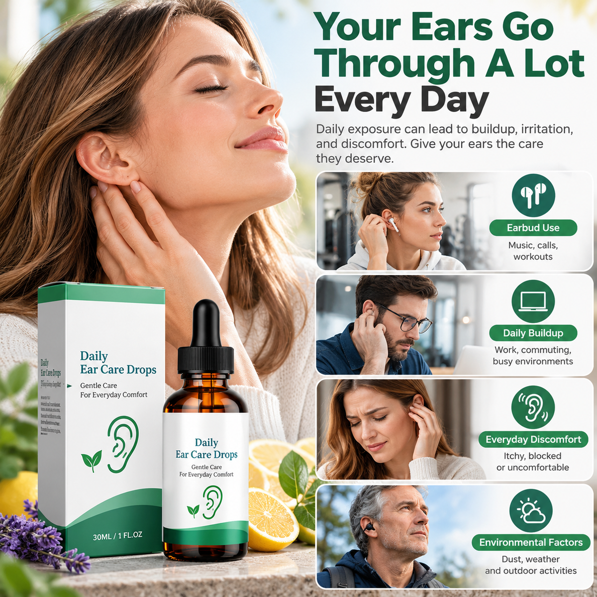 Ear care dropper shown with everyday lifestyle examples including earbuds work and outdoor activities