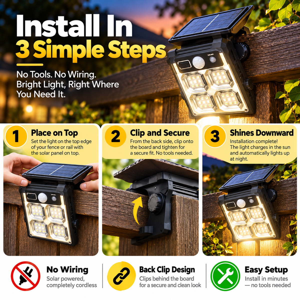 ☀️ SolarClip Pro™ Solar Motion Sensor Light – Easy Clip-On Outdoor LED Security Light