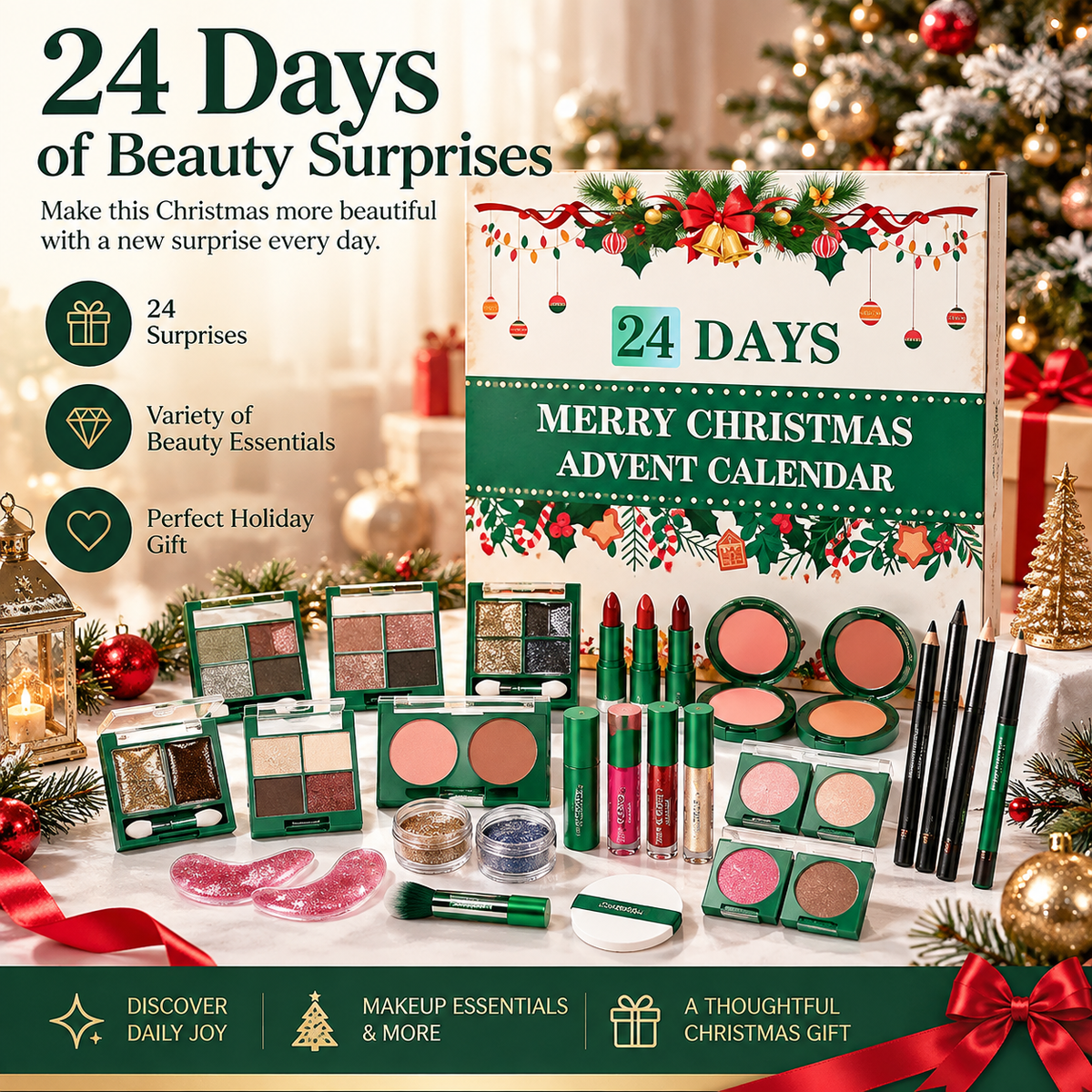 24-Day Beauty Advent Calendar for Women, Christmas Makeup Countdown Gift Set with Daily Cosmetic Surprises, Eyeshadow, Lip Gloss, Blush & Beauty Accessories, Holiday Gift for Girls & Makeup Lovers