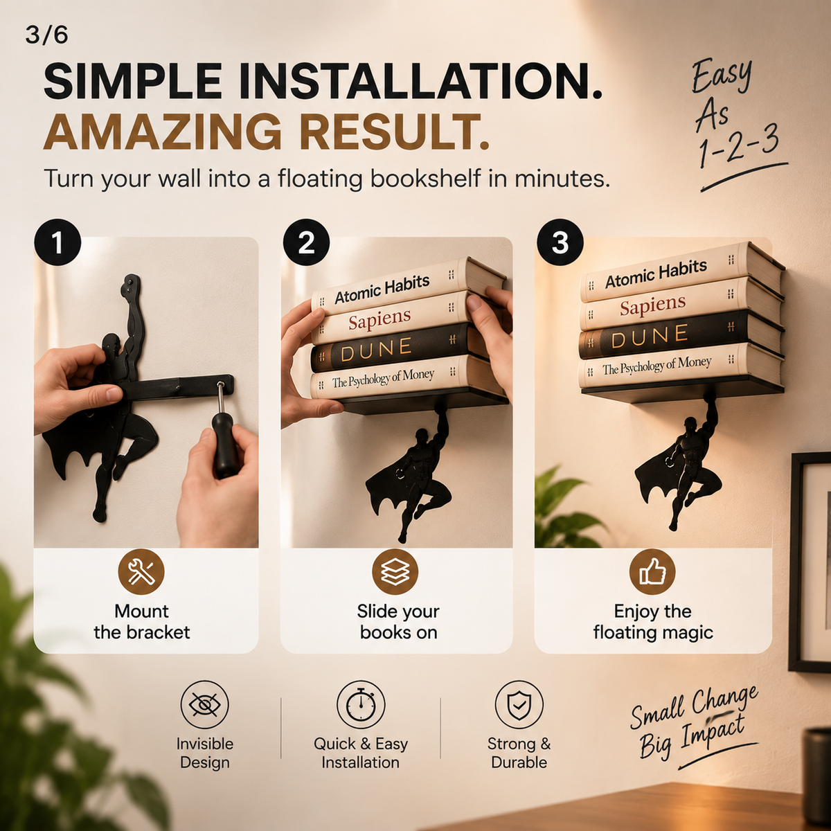 Installation steps for wall mounted floating book shelf