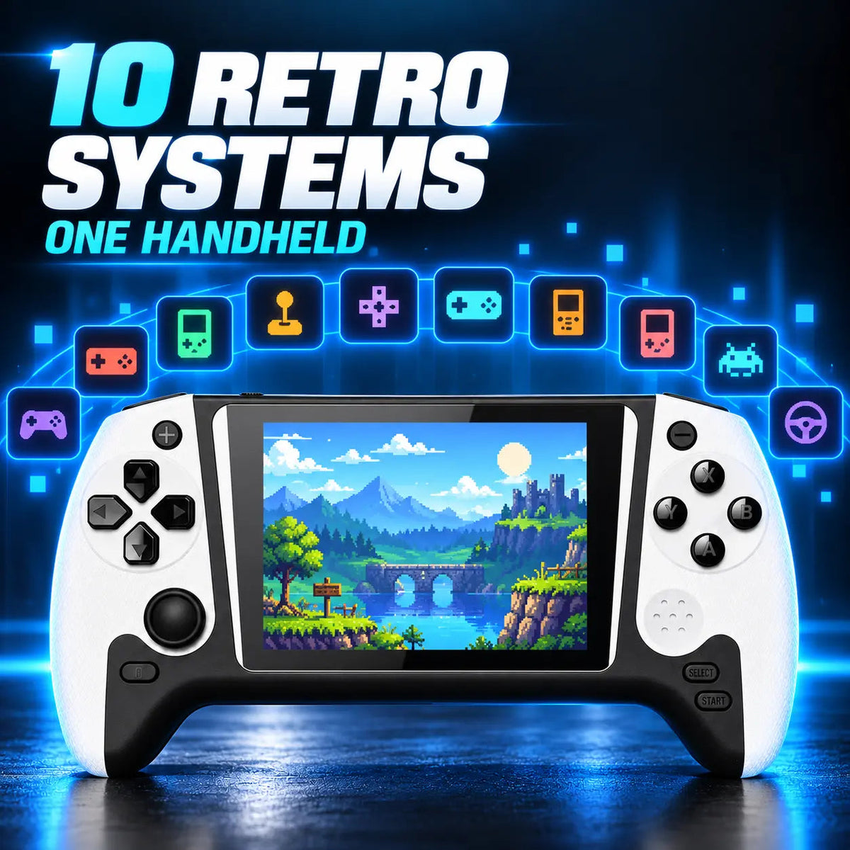 Retro handheld game console featuring multiple game systems