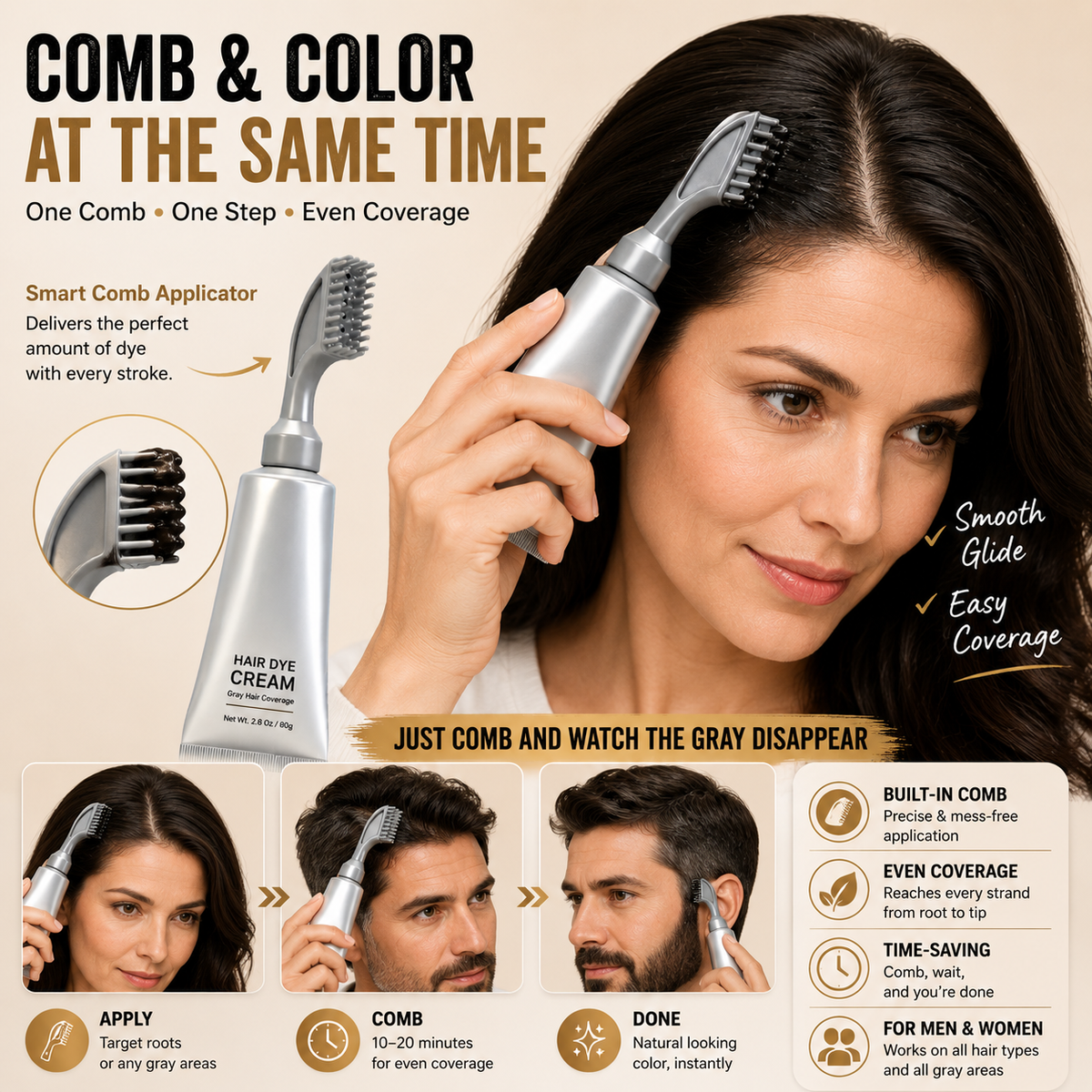 Built-in comb applicator applying gray coverage hair dye at the roots