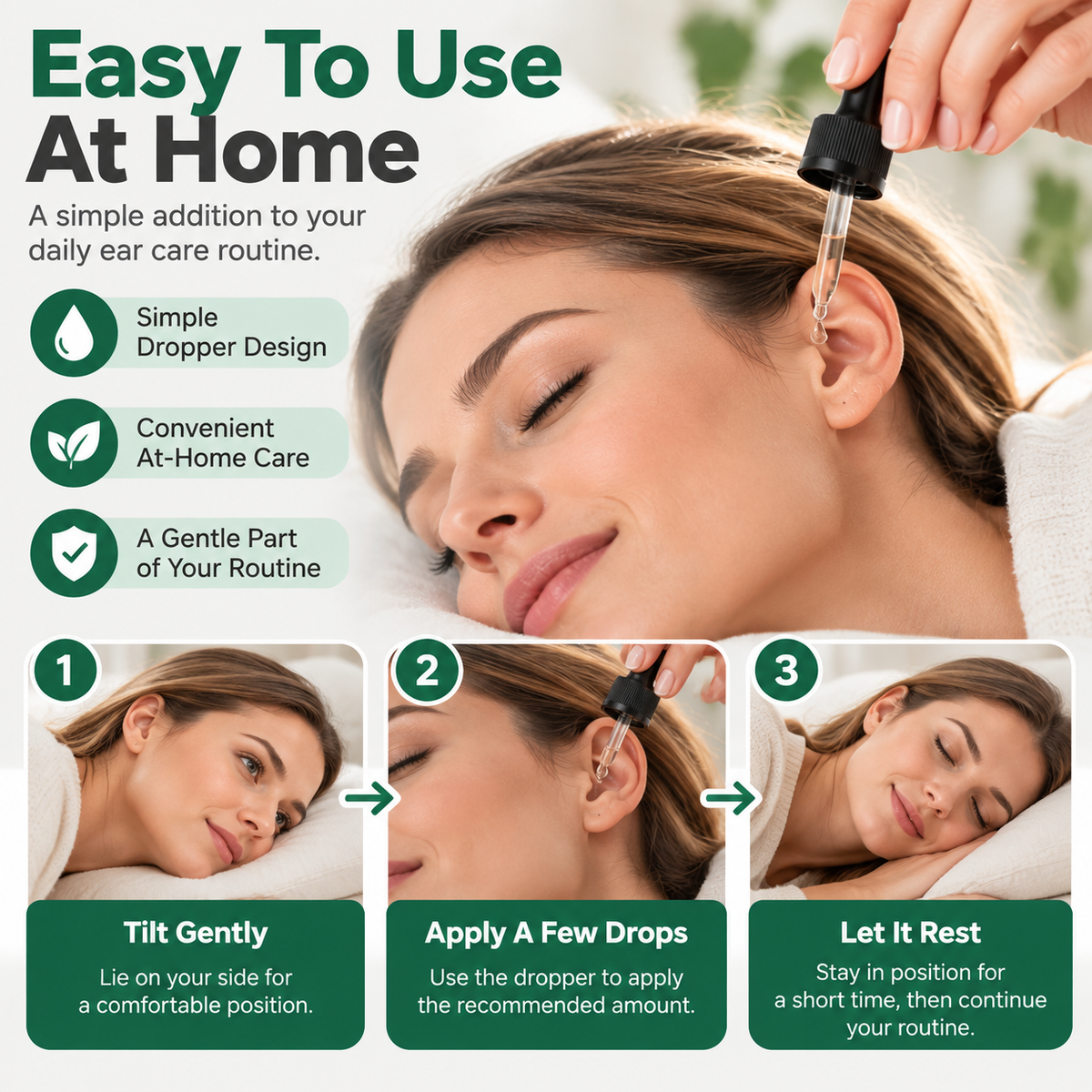 Three-step ear care drop application illustration showing side position dropper use and resting