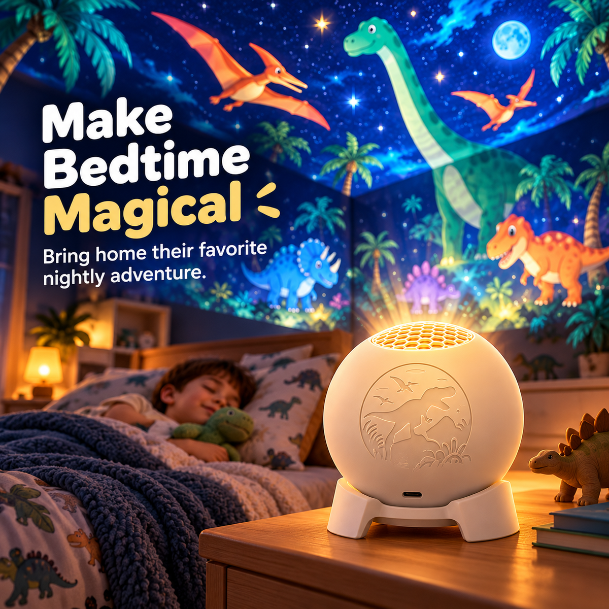 Dinosaur star projector creating a magical nighttime setting in a child's bedroom