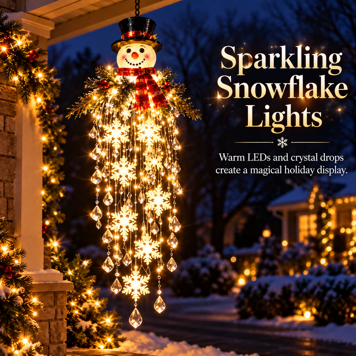 Lighted Snowman Christmas Hanging Decor, Warm LED Snowflake Ornament for Porch, Entryway & Holiday Home Decoration