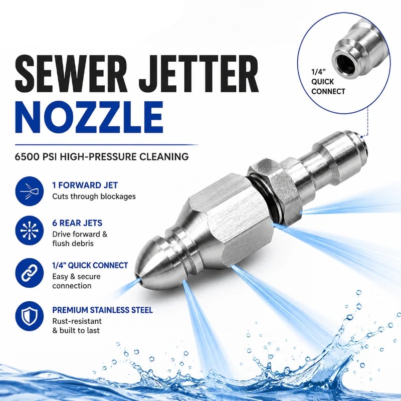 6500 PSI Stainless Steel Sewer Jetter Nozzle – 1/4' Quick Connect Drain Cleaning Attachment for Pressure Washers