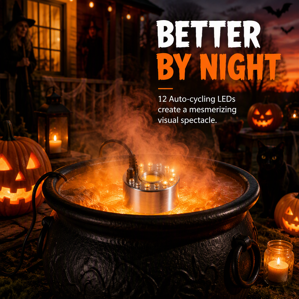 Ultrasonic water fogger creating illuminated orange mist in a Halloween cauldron