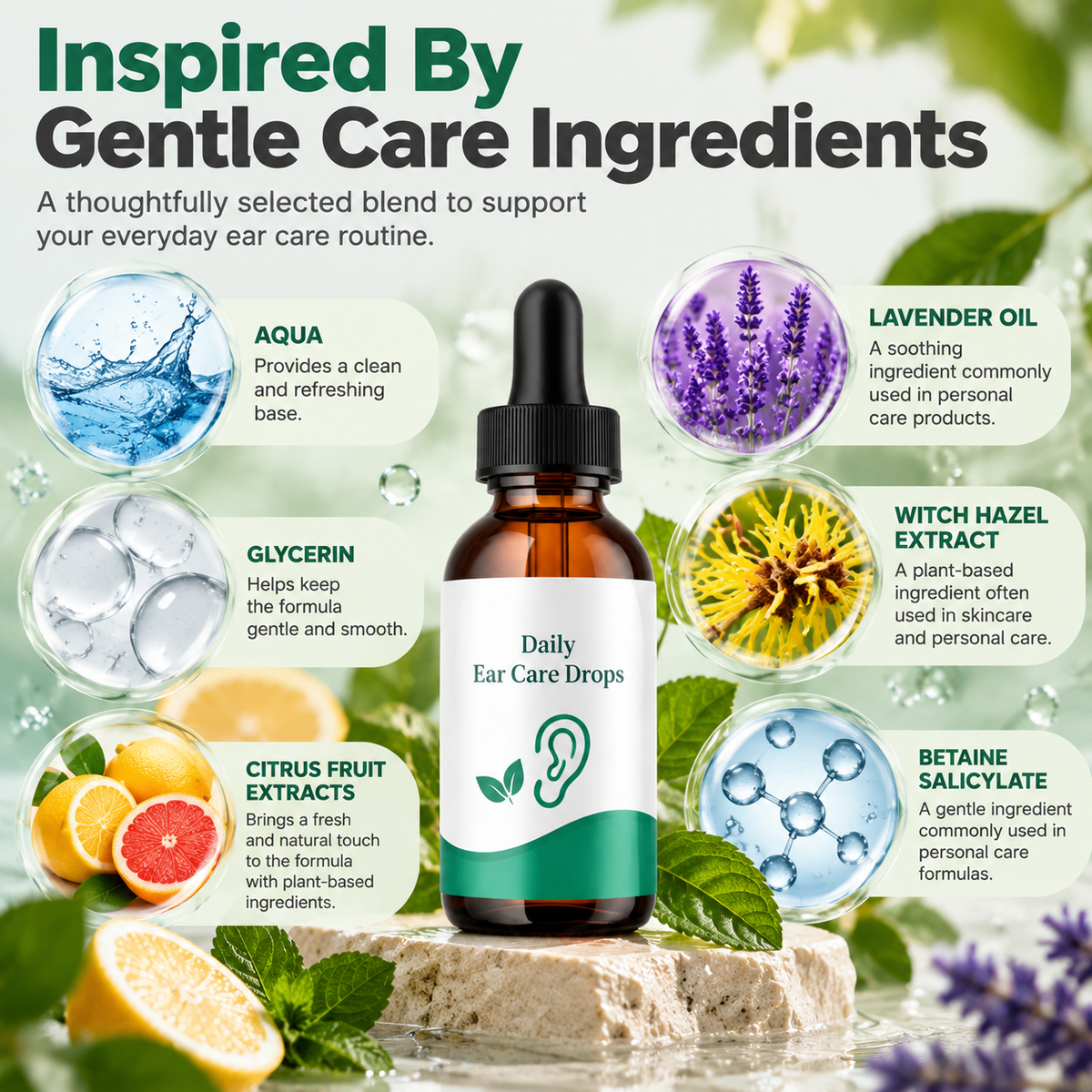 Ear care drops formula graphic highlighting aqua glycerin citrus extracts lavender oil witch hazel extract and betaine salicylate