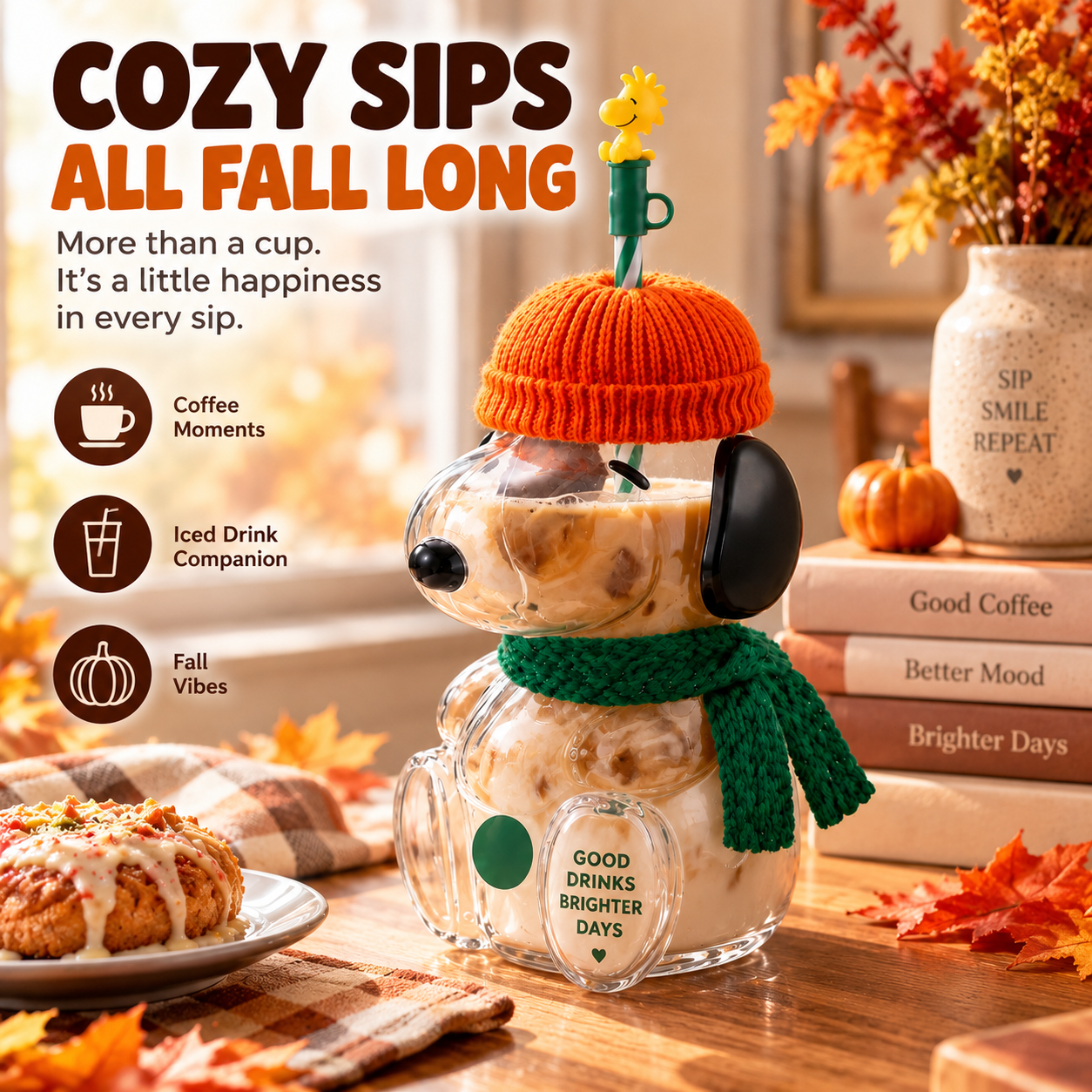 Fall Favorite Cute Character Glass Tumbler with Straw, 3D Cold Cup for Iced Coffee, Matcha & Autumn Drinks, Cozy Gift Idea