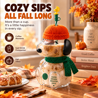 Fall Favorite Cute Character Glass Tumbler with Straw, 3D Cold Cup for Iced Coffee, Matcha & Autumn Drinks, Cozy Gift Idea