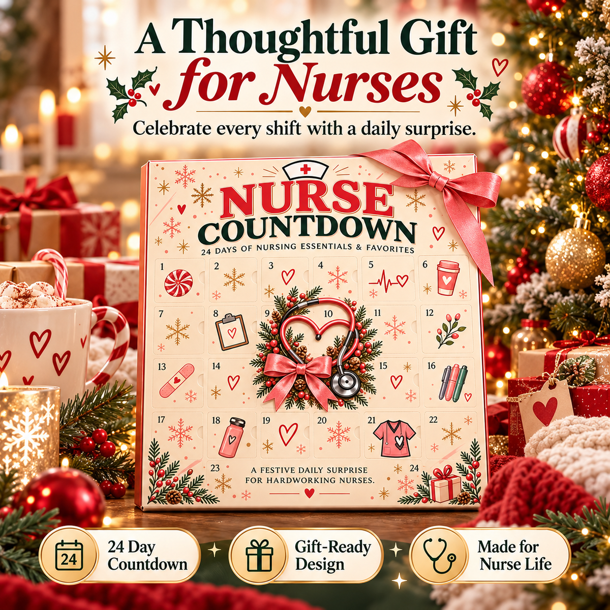 ❤️ CareHero™ 24-Day Advent Calendar – Heartfelt Holiday Countdown Gift for Nurses