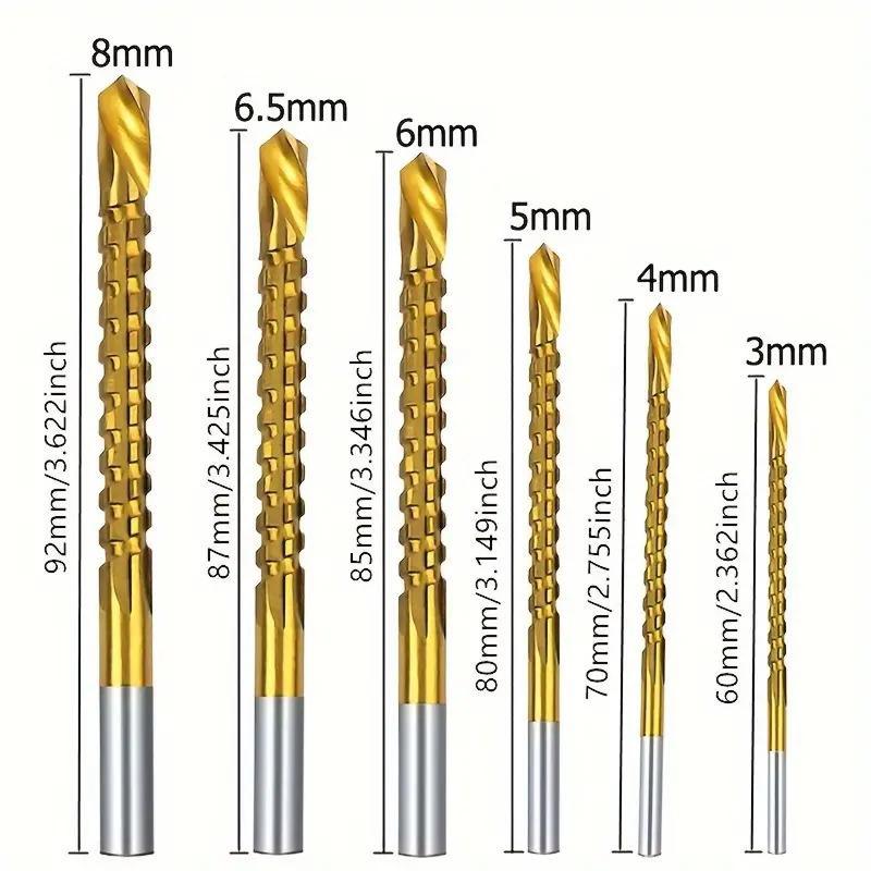 Six drill bit sizes 3 4 5 6 6.5 and 8 millimeters with overall lengths