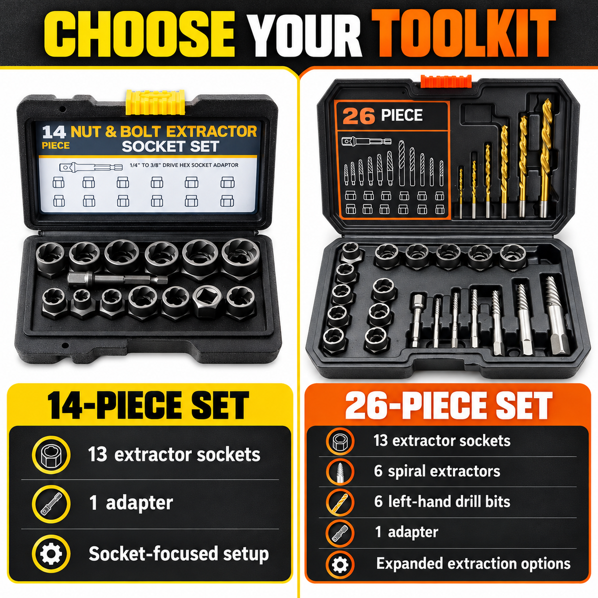 🔧 BoltBreaker™ Extraction Tool Set – 26-Piece Stuck Bolt & Screw Remover