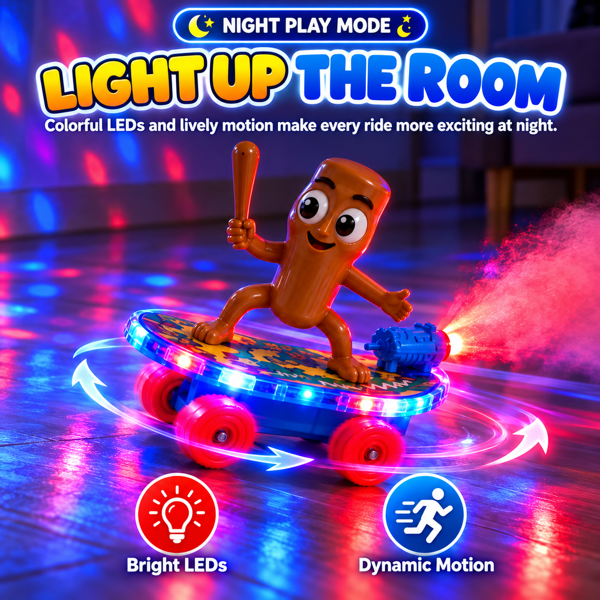 Spinning skateboard toy with colorful LED lights illuminating the wheels and floor in a dimly lit room