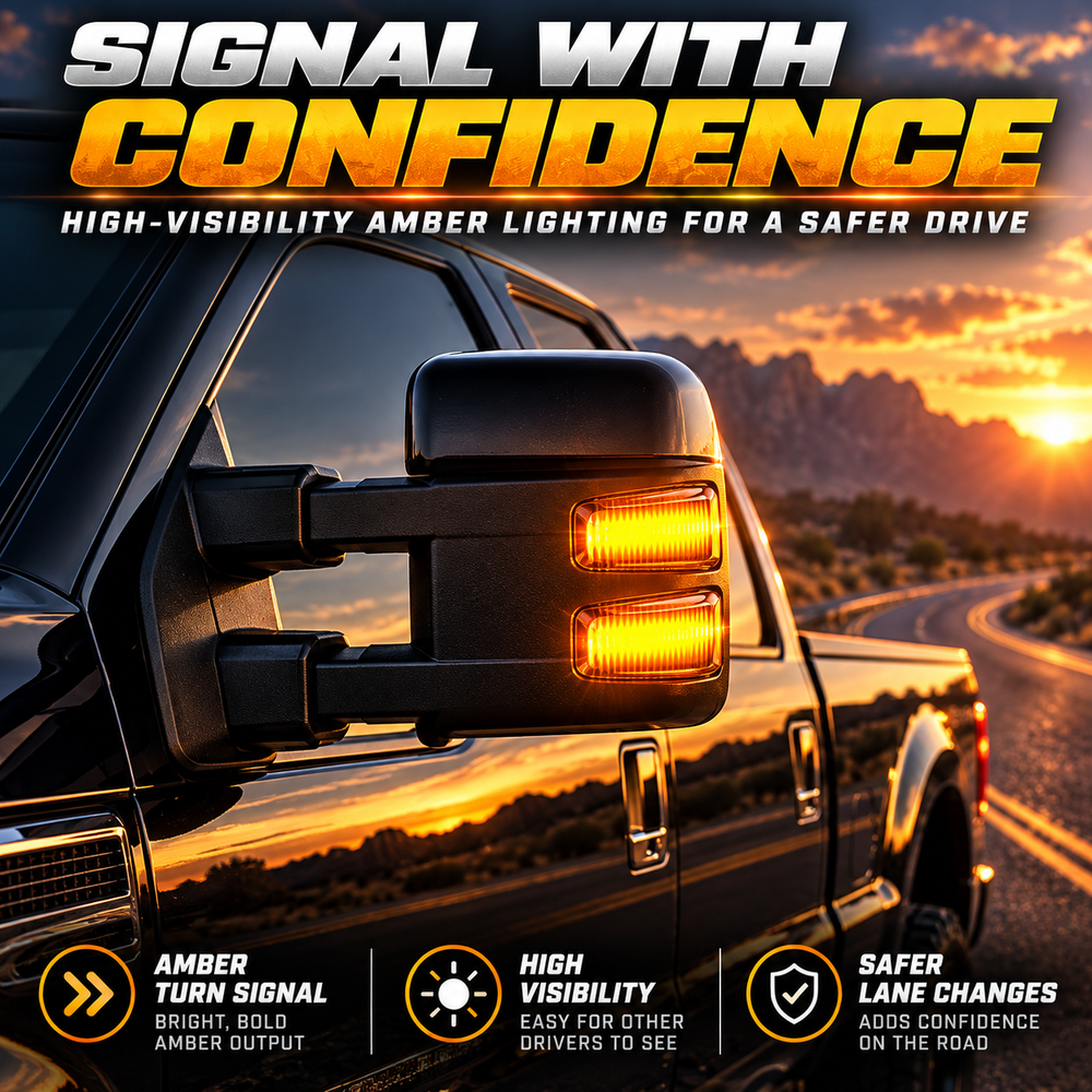 Amber LED mirror signal illuminated on a truck at sunset