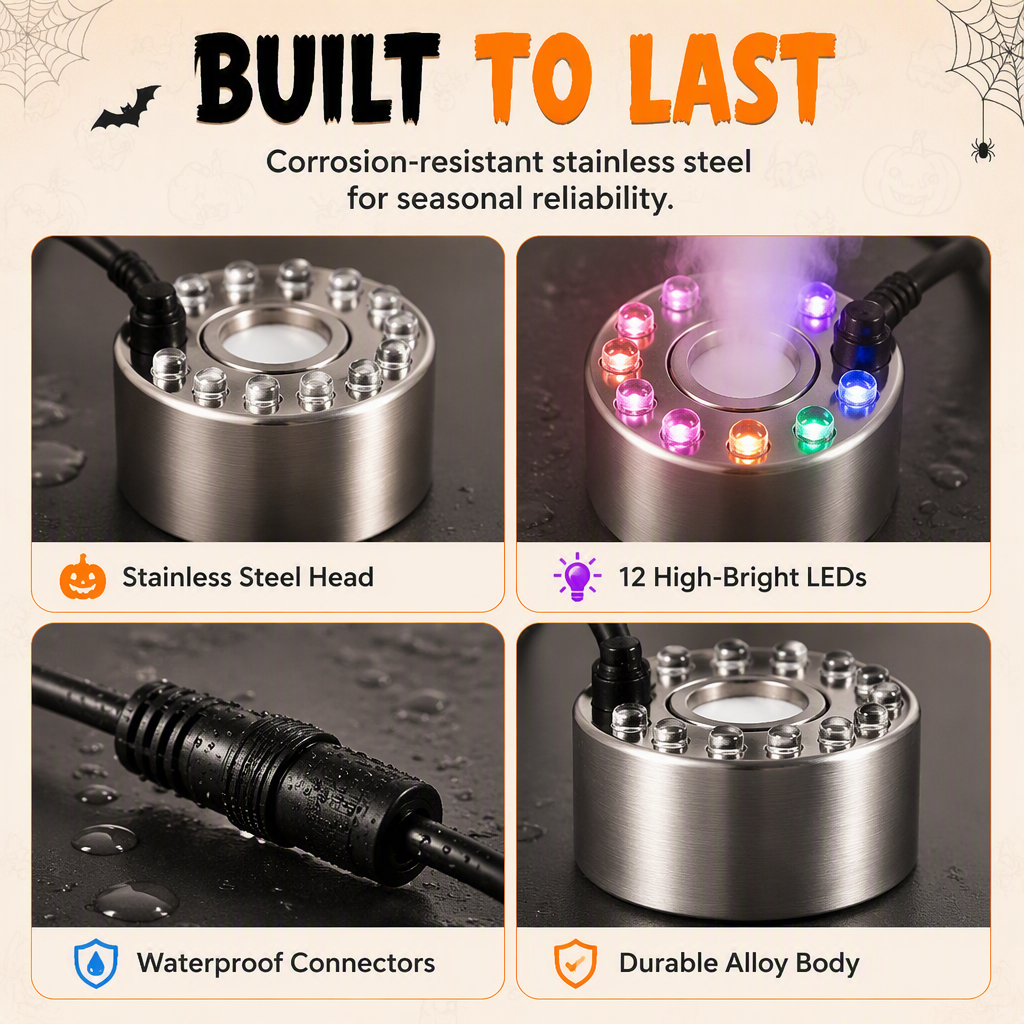 Close-up details of metal ultrasonic fogger body 12 LEDs and water-use connector