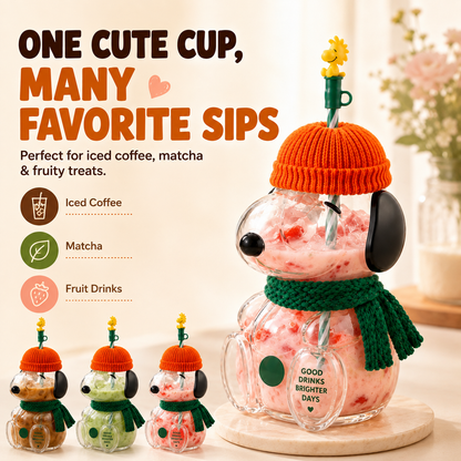Fall Favorite Cute Character Glass Tumbler with Straw, 3D Cold Cup for Iced Coffee, Matcha & Autumn Drinks, Cozy Gift Idea