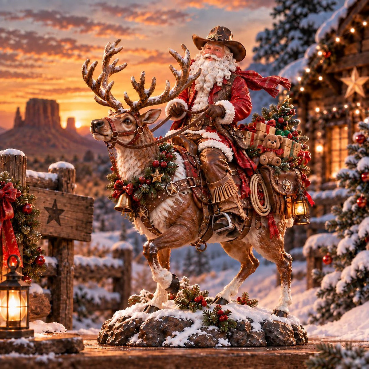 Santa riding a reindeer in a Western Christmas setting